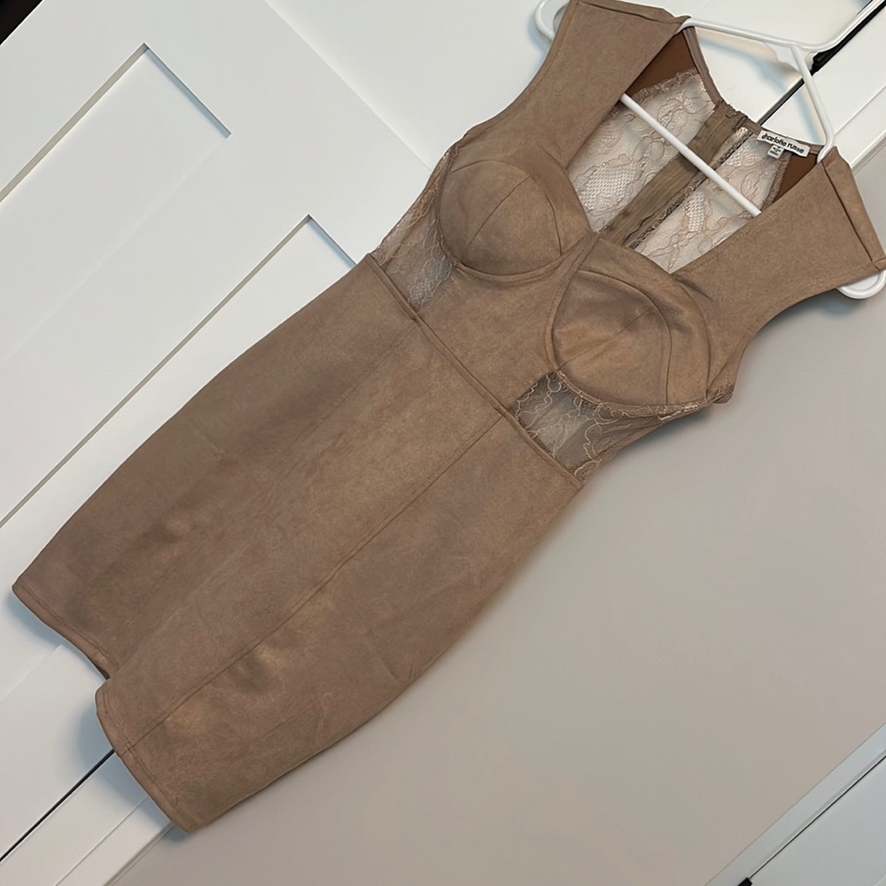 Faux suede and peekaboo lace mini dress